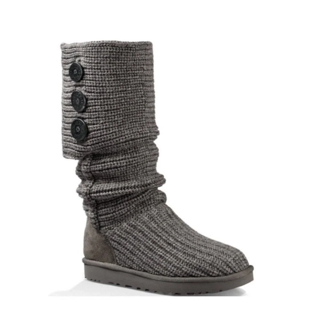 UGG Youth Junior Girls CARDY Black 5649 Short Tall Gray Knit Wool Fur Sz 5
